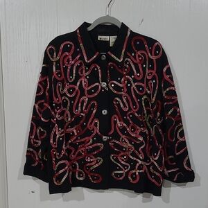 Vintage 90s Women's Black & Pink Ribbon Embellished Jacket Size Large